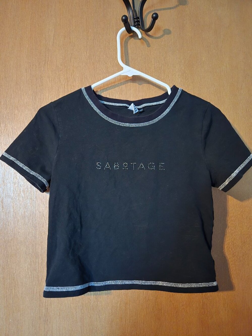 Sabotage Black Contrast Stitch Rhinestone Logo Crop Top S